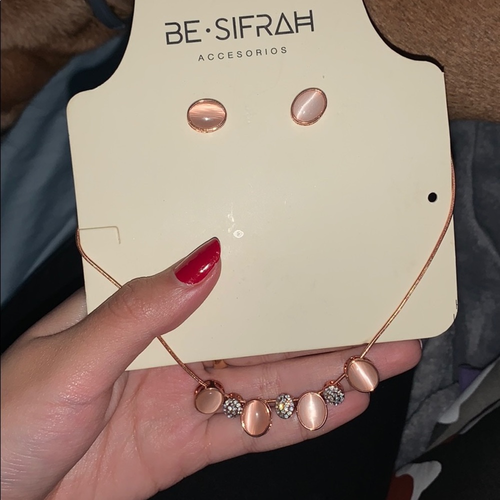 pink / rose gold colored earrings & necklace